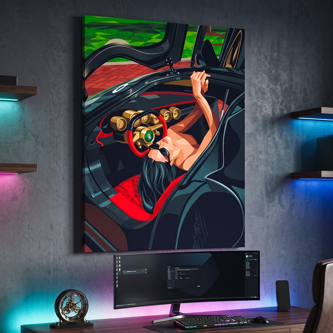 Modern office setup with a large abstract painting on the wall above a desk with computer monitors.