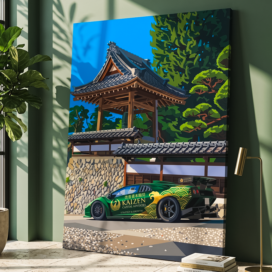 Canvas print of a car in front of a traditional Japanese building