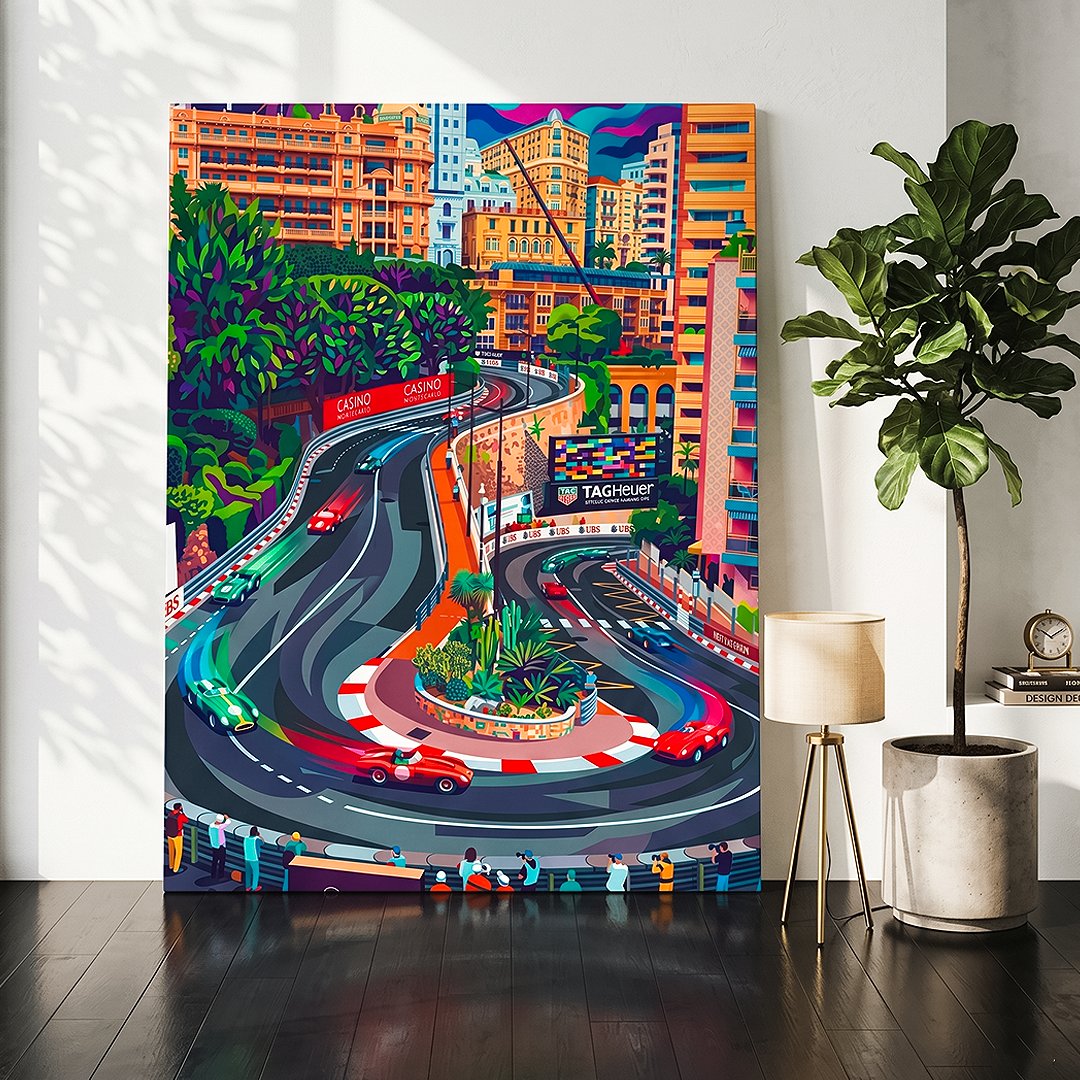 Colorful cityscape painting on a wall with a plant and lamp in the foreground.