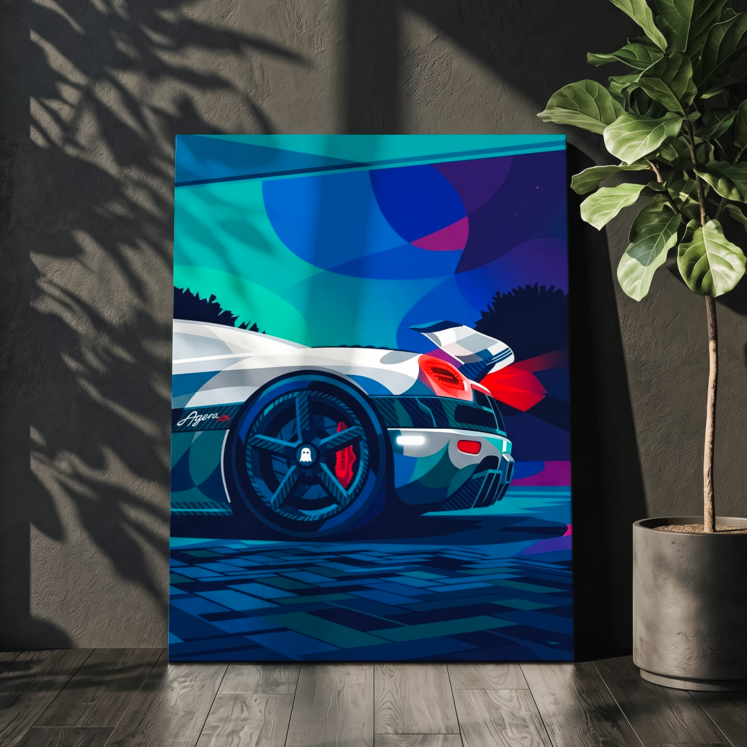 Colorful abstract painting of a car on a wall with a plant to the right.