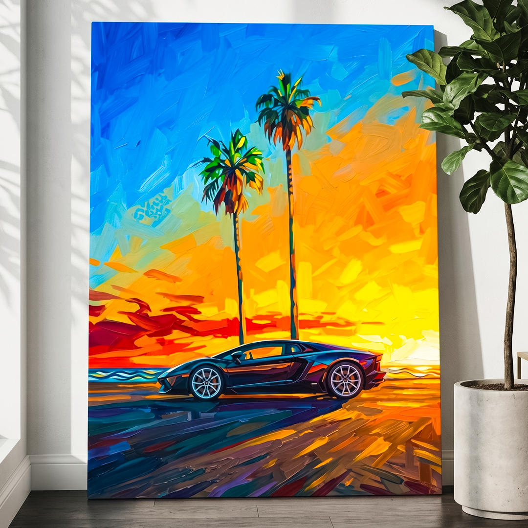 Colorful abstract painting of a car and palm trees on a wall.
