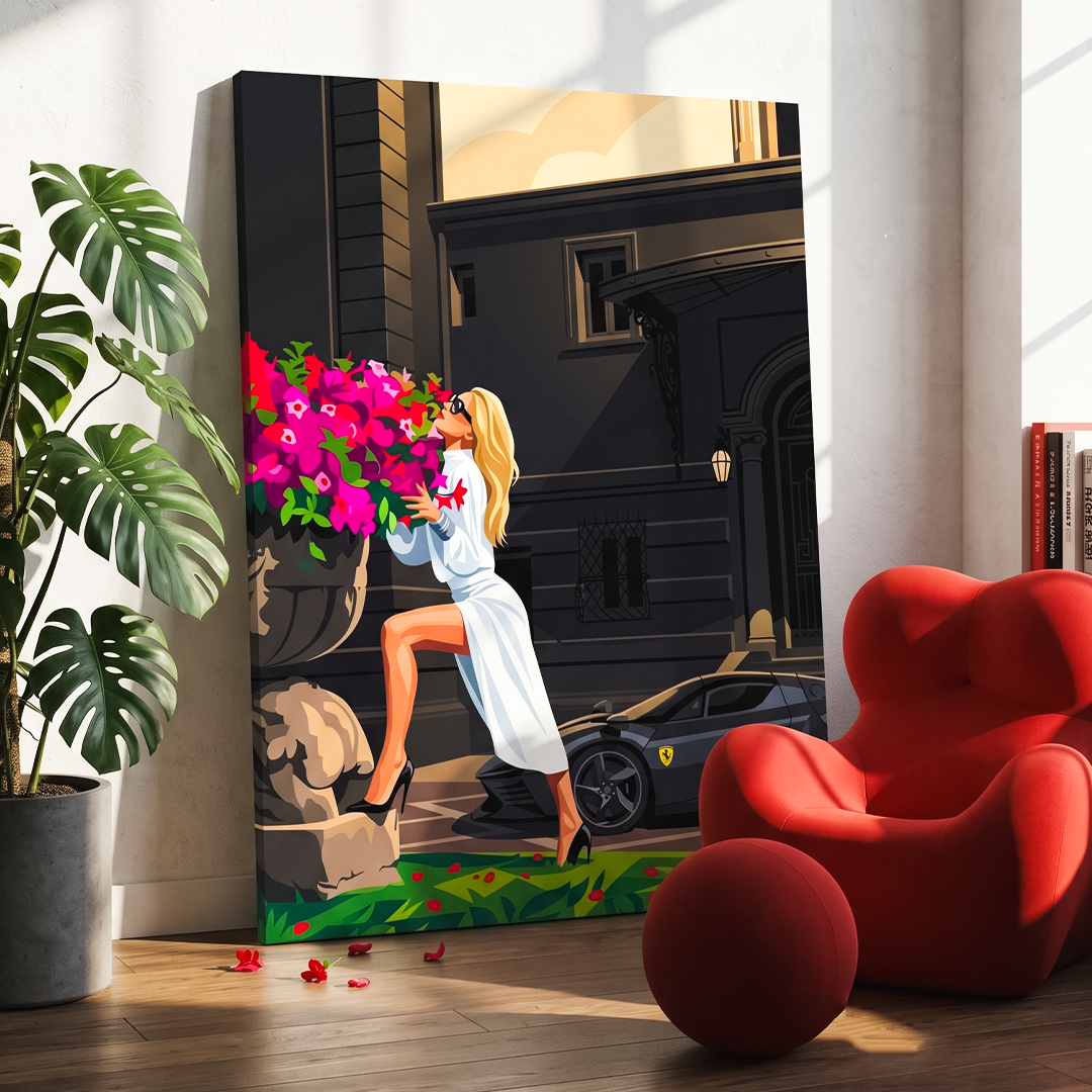 Modern interior with a red chair, plant, and colorful painting of a woman with flowers.