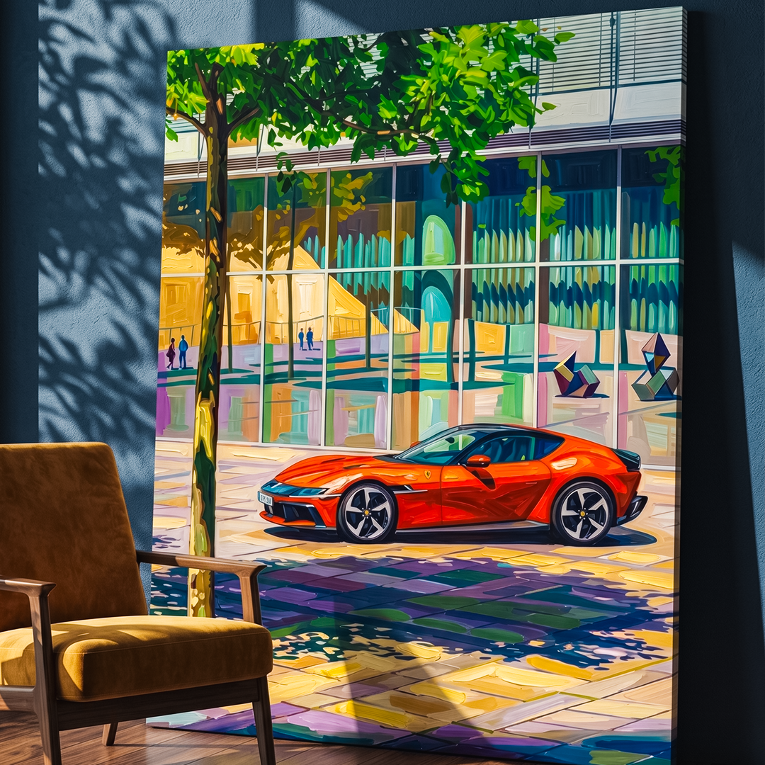 Canvas print of a colorful car scene on a wall with a chair in front