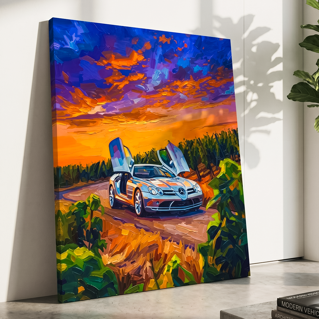 Colorful painting of a car with open doors on a scenic road