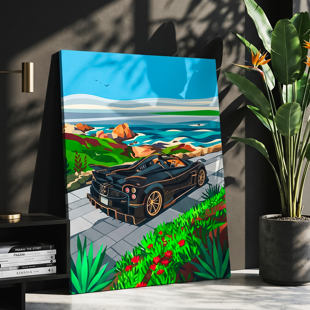 Canvas print of a car on a scenic road with a plant and books in the background