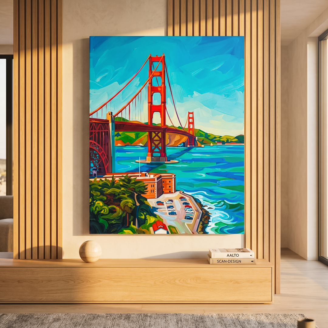 Framed painting of the Golden Gate Bridge in a modern interior setting