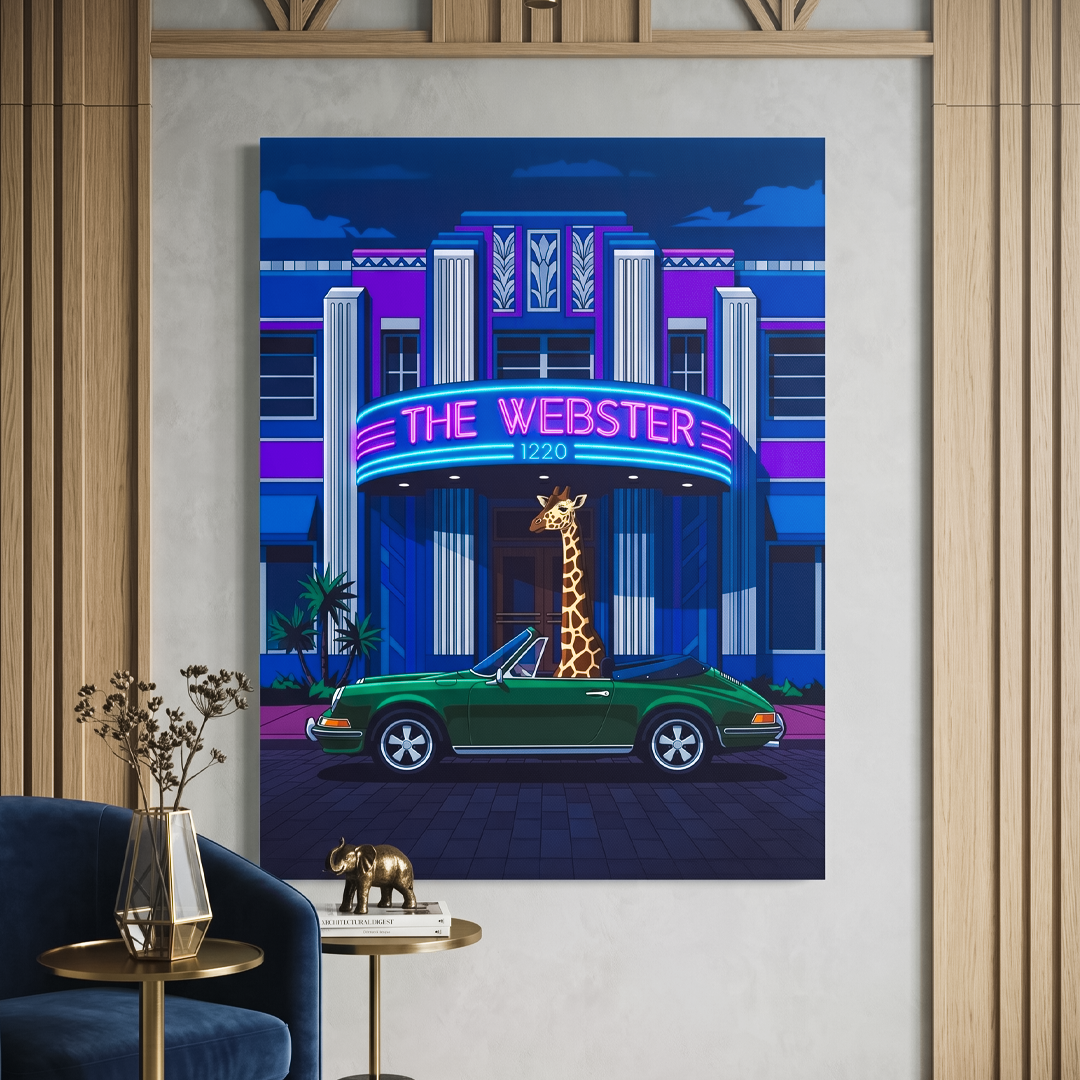 Framed artwork of a cityscape with 'The Webster' building and a green car, displayed in a living room.
