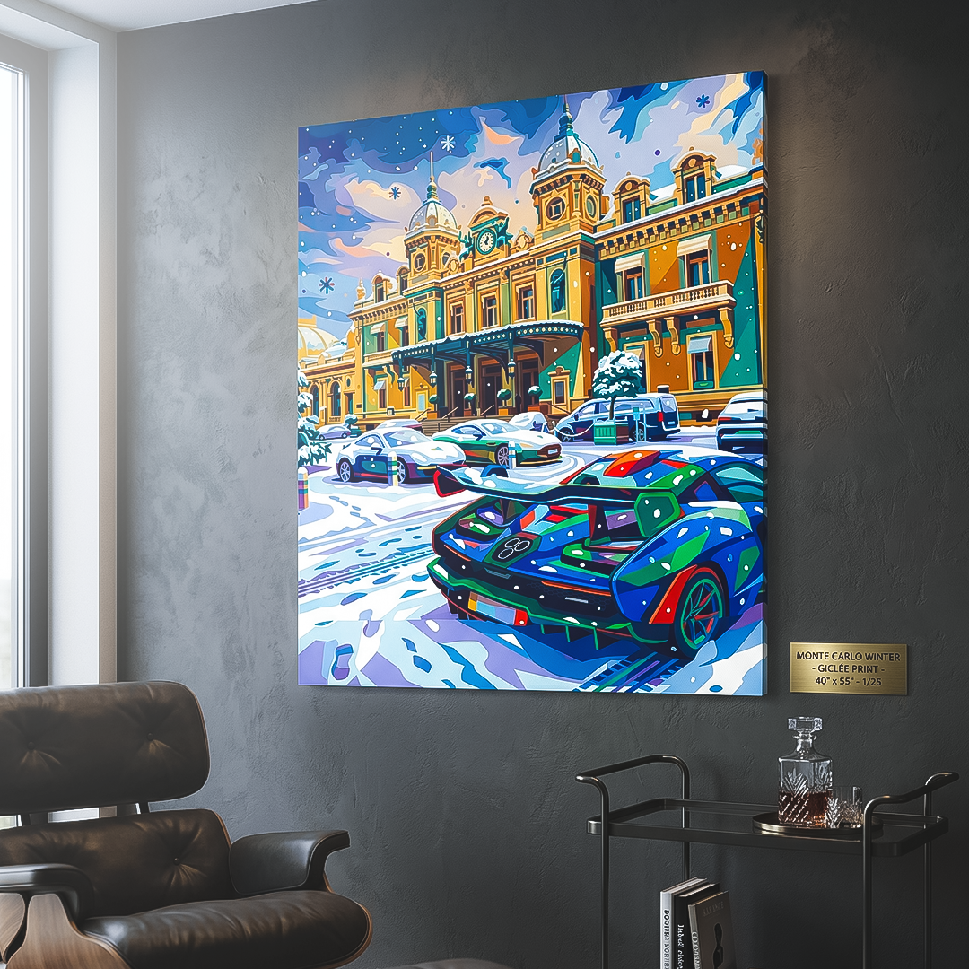 Colorful cityscape painting on a wall in a modern interior setting.