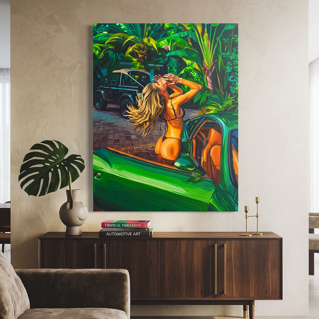 Modern interior with a painting of a woman in a car on a wall above a wooden console table.