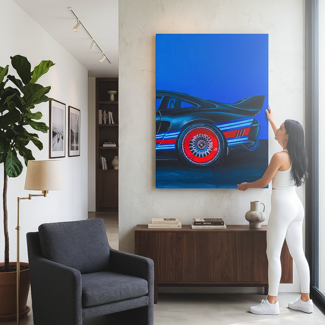 Woman admiring a modern car painting in a stylish living room.