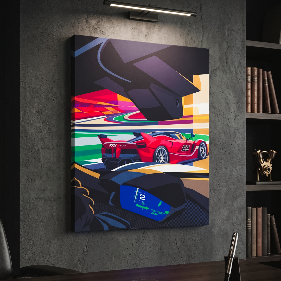 Colorful abstract painting of racing cars on a wall above a desk.