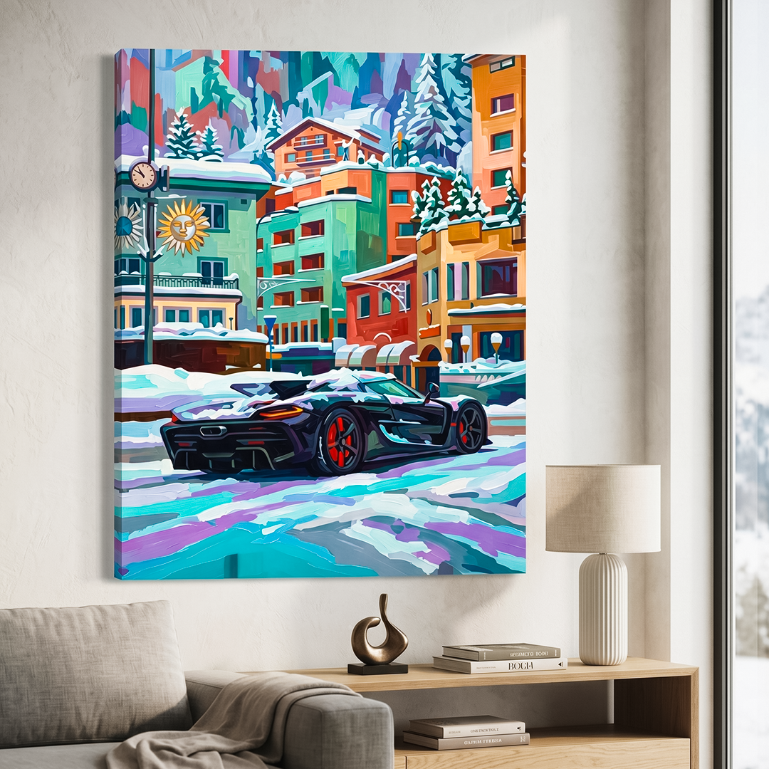 Colorful painting of a cityscape with a sports car on a wall in a living room.