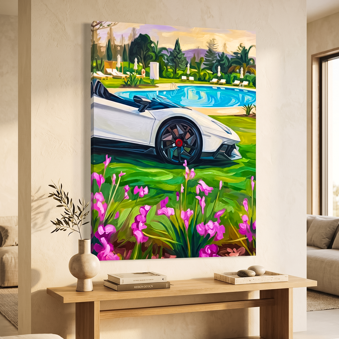 Modern living room with a painting of a white sports car on a grassy area with flowers.