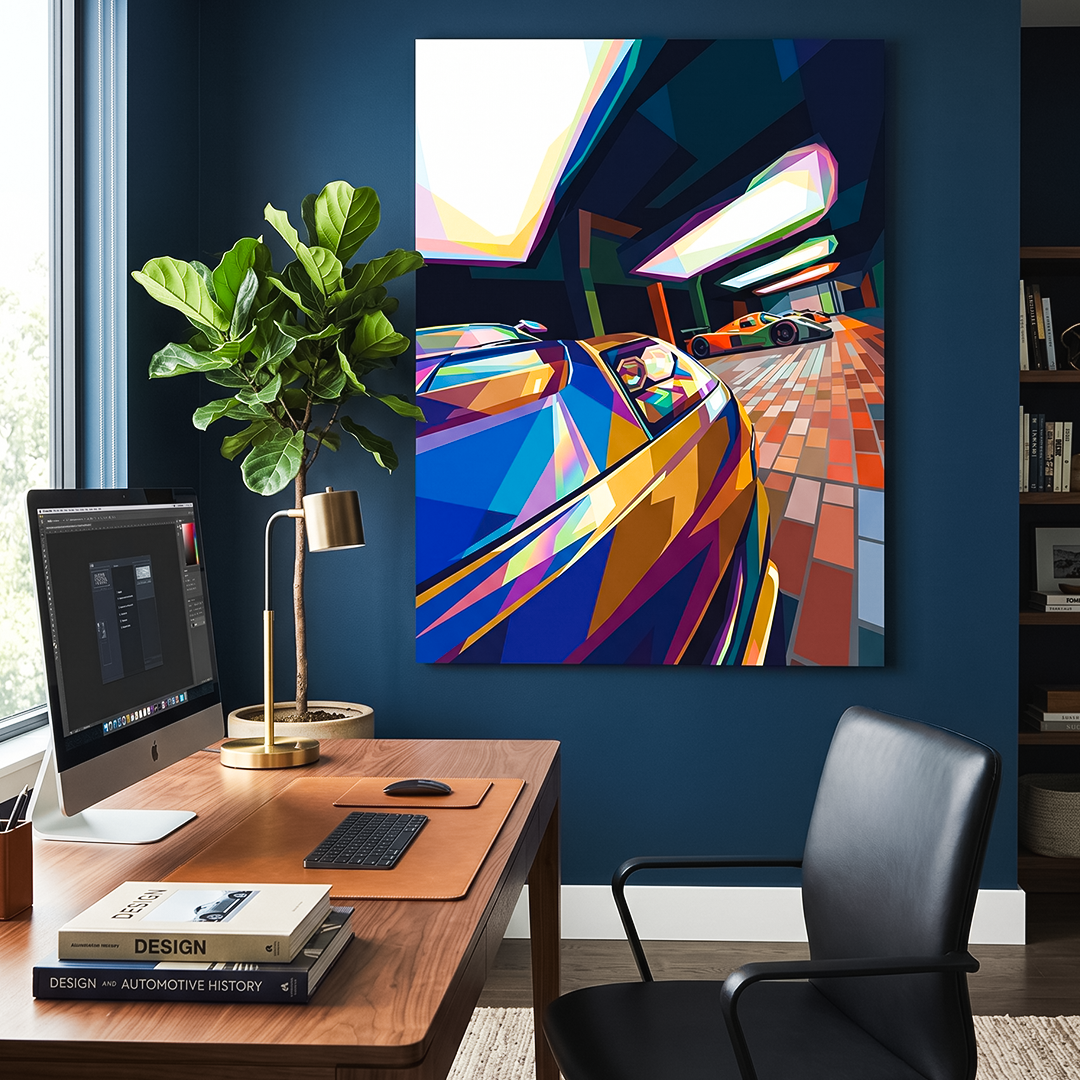 Modern office with a desk, chair, and colorful abstract painting on a blue wall.
