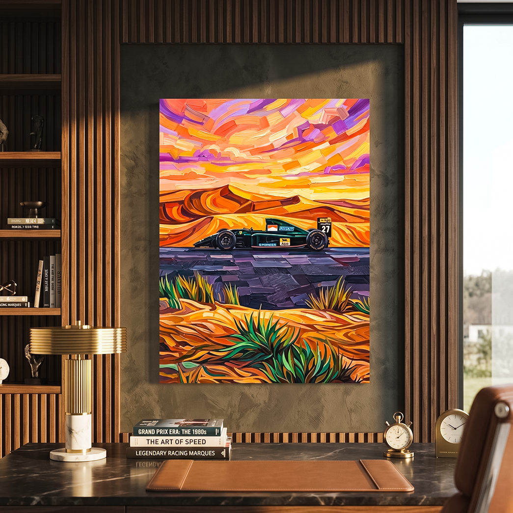 Colorful abstract painting of a car on a desk with a bookshelf in the background