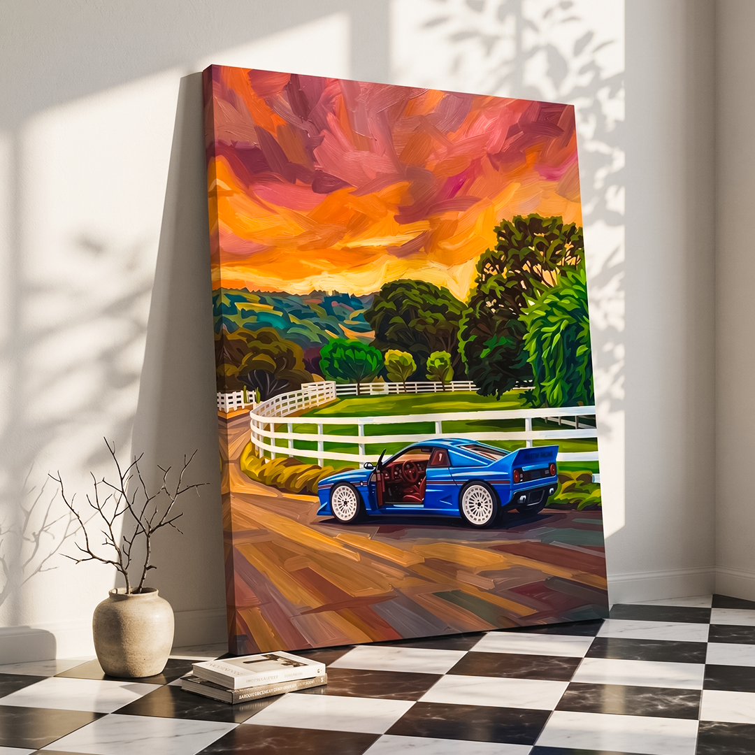 Colorful painting of a blue car on a checkered floor with sunlight filtering through.