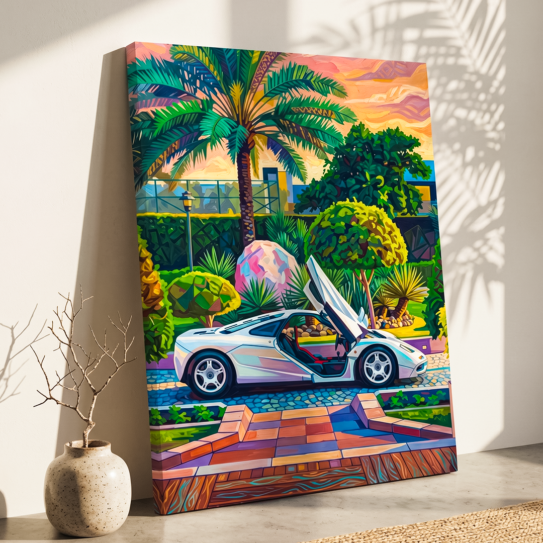 Colorful painting of a car in a tropical setting on a wall.