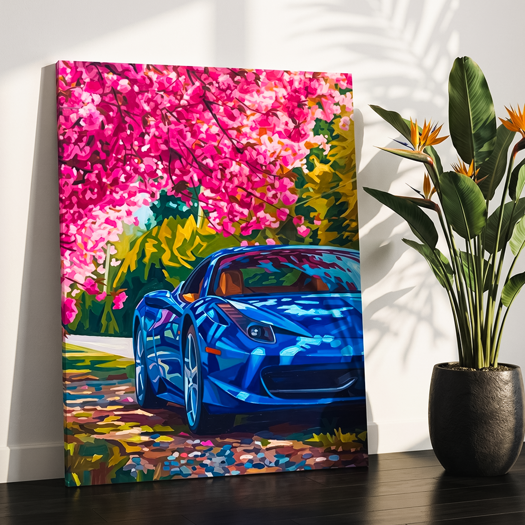 Colorful painting of a blue car among pink flowers on a wall next to a plant.