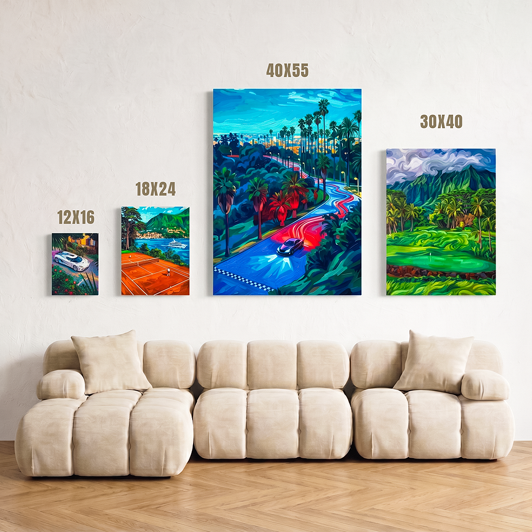 Four colorful landscape paintings above a beige sofa with dimensions displayed.
